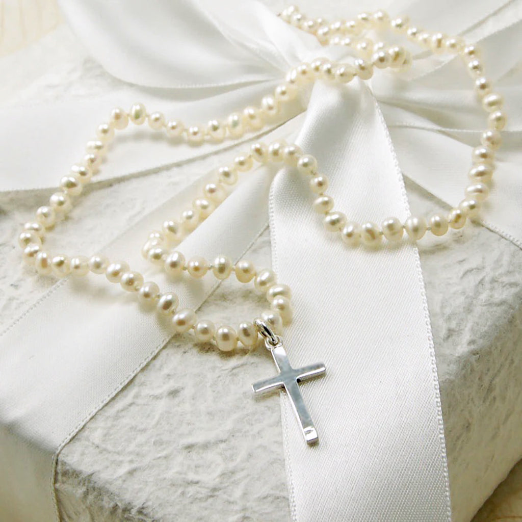 Child's Pearl Necklace with Silver Cross