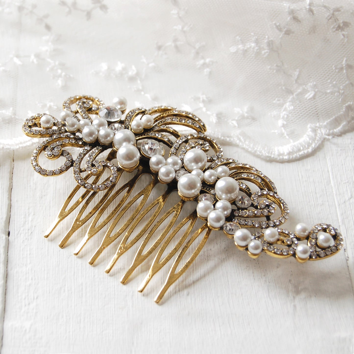 Gold Pearl Filigree Wedding Hair Comb
