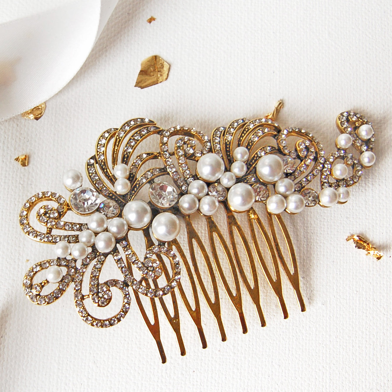 Gold Pearl Filigree Wedding Hair Comb
