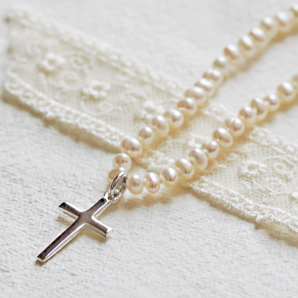 Child's Pearl Necklace with Silver Cross