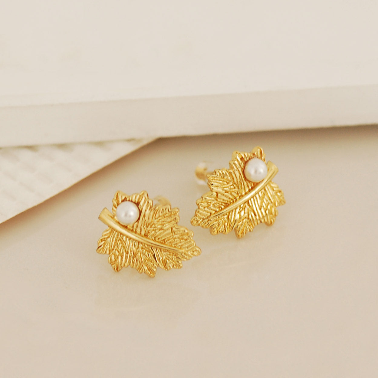 Gold Leaf Pearl Earrings