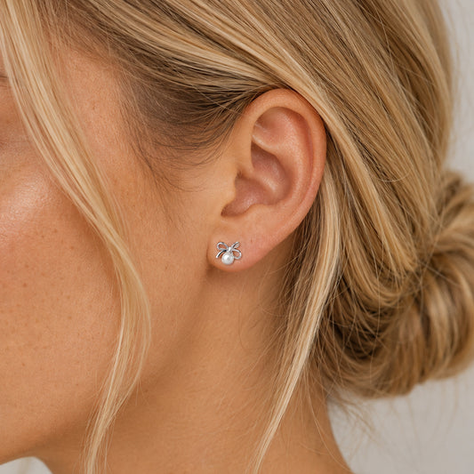 Tiny Bow Pearl Stud Earrings