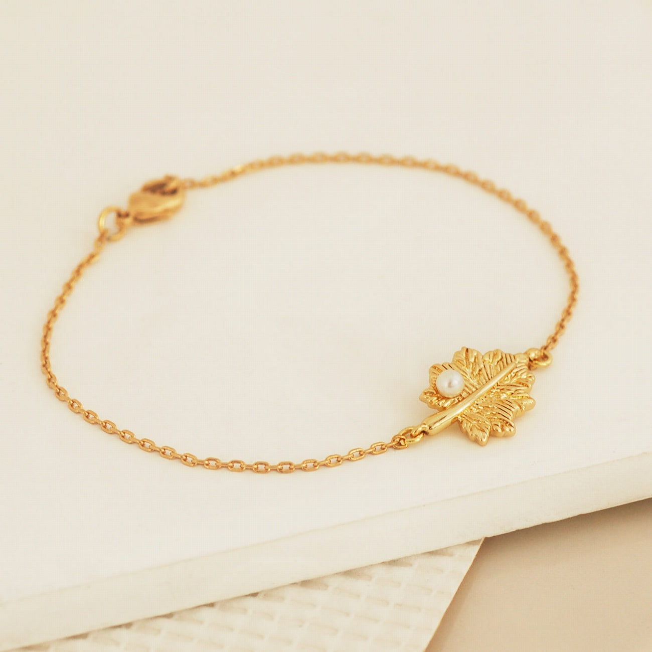 Delicate Gold Leaf Pearl Bracelet