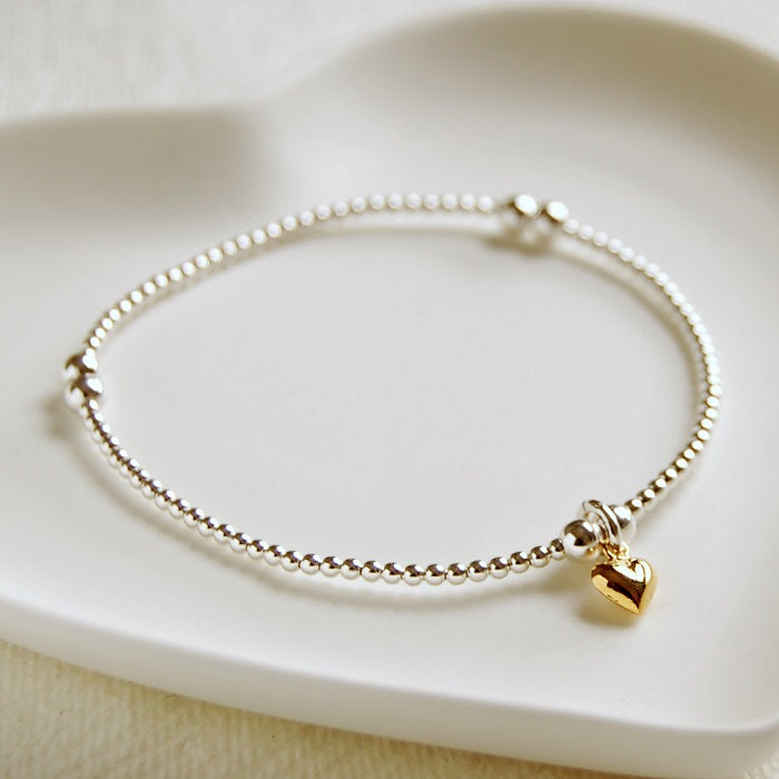 Silver Bead Bracelet with Tiny Gold Heart Charm