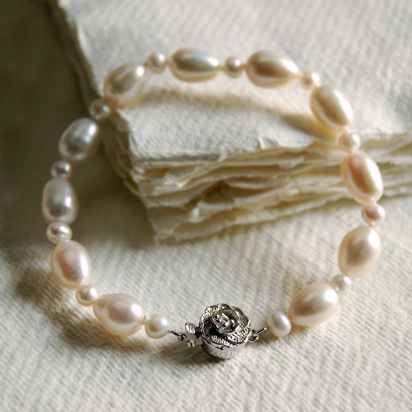 Pearl Bracelet with Silver Rose Clasp
