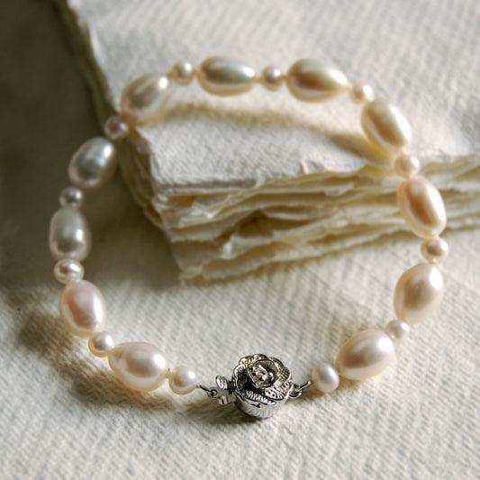Pearl Bracelet with Silver Rose Clasp