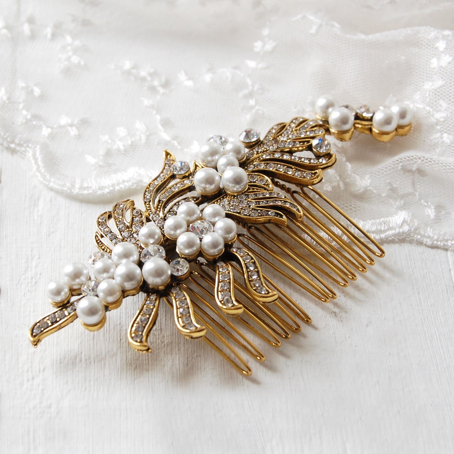 Gold Ribbon Pearl Wedding Hair Comb